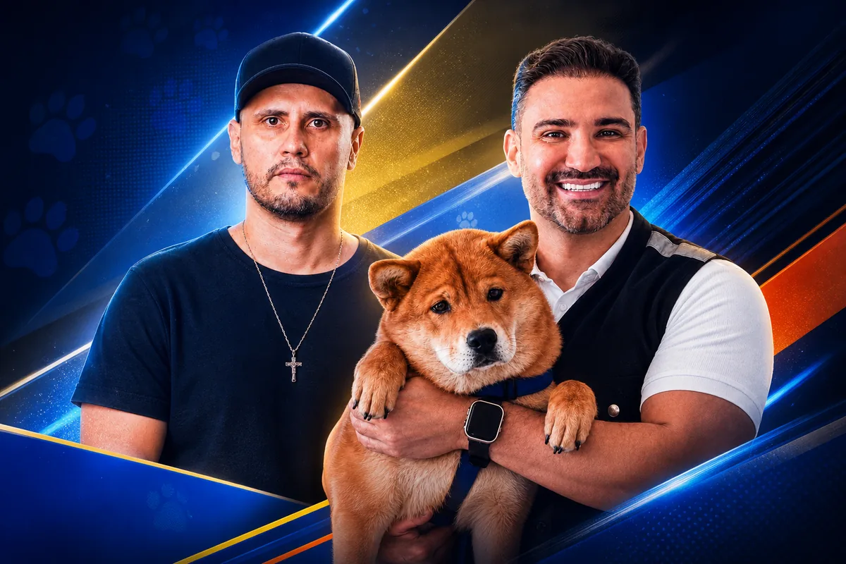 Arte de campanha com Cleitinho Azevedo ao lado de Flávio Marra, que segura um cão. Conteúdo gerado por inteligência artificial.