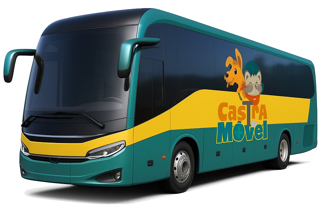 Ônibus Castramóvel com fundo transparente para proposta de atendimento aos municípios.